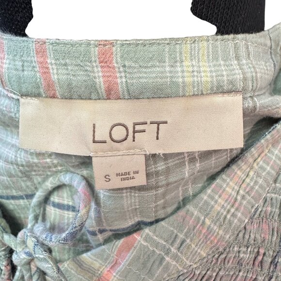 Loft Womens Size Small Ruffled Sleeve Plaid Top With Keyhole Neck - Picture 3 of 7